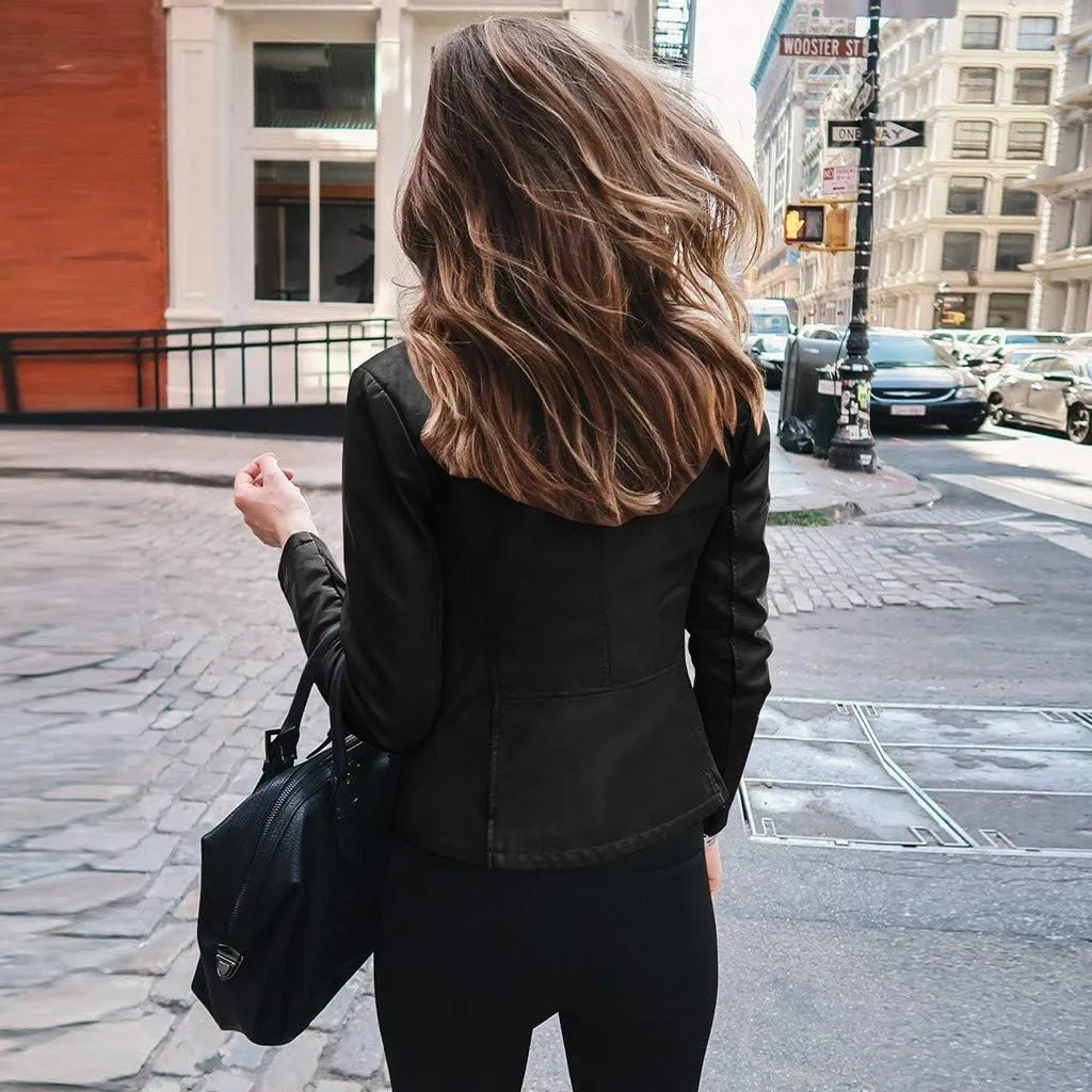 Faux Leather Jackets Women PU Moto Biker Motocycle Outwear Coat Dressy Casual Long Sleeve Zip Up Fall Fashion Jacket