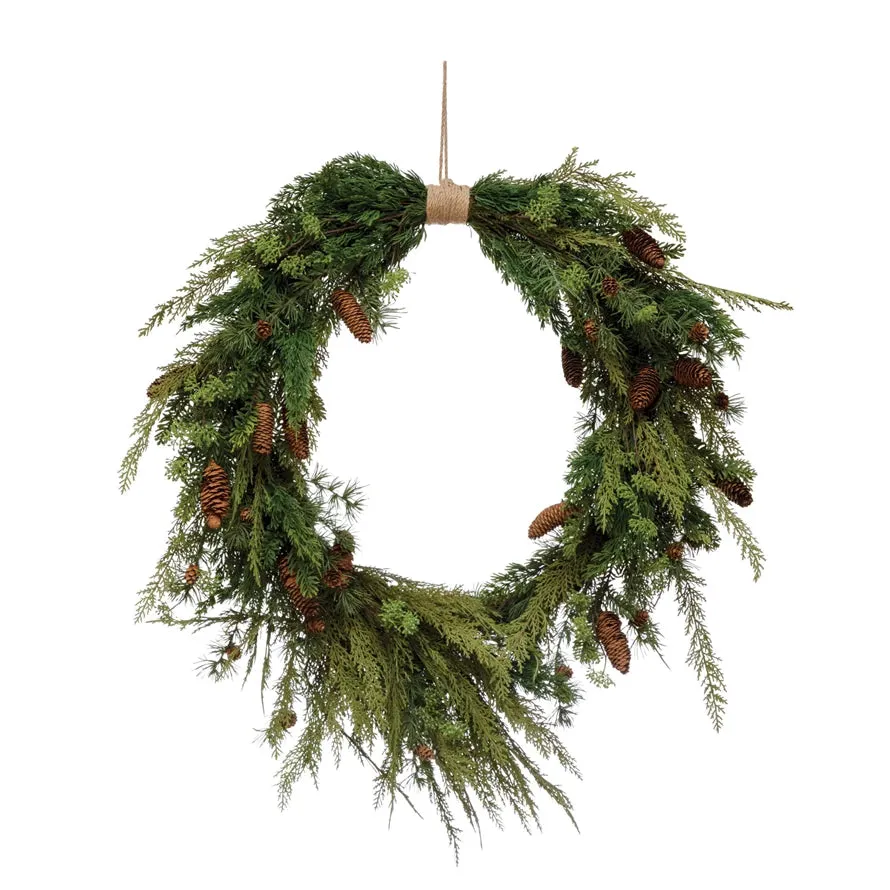Faux Pine Wreath with Pinecones & Jute Hanger