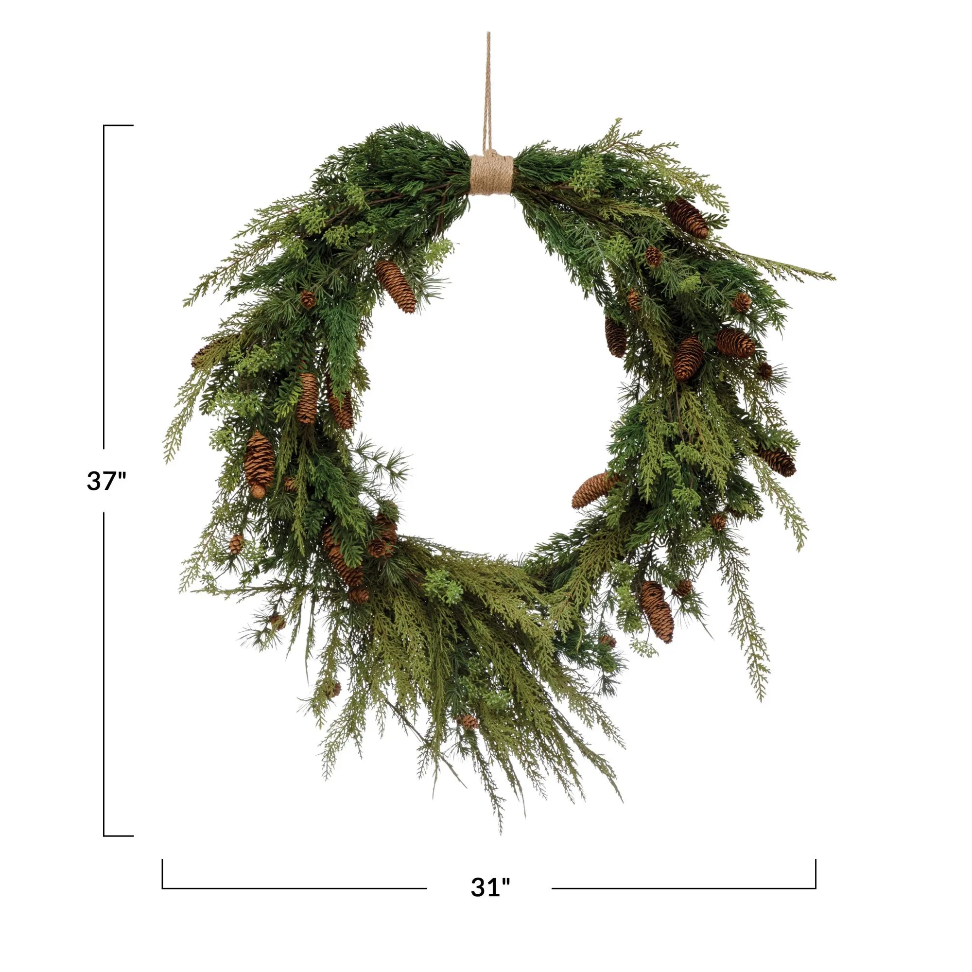Faux Pine Wreath with Pinecones & Jute Hanger