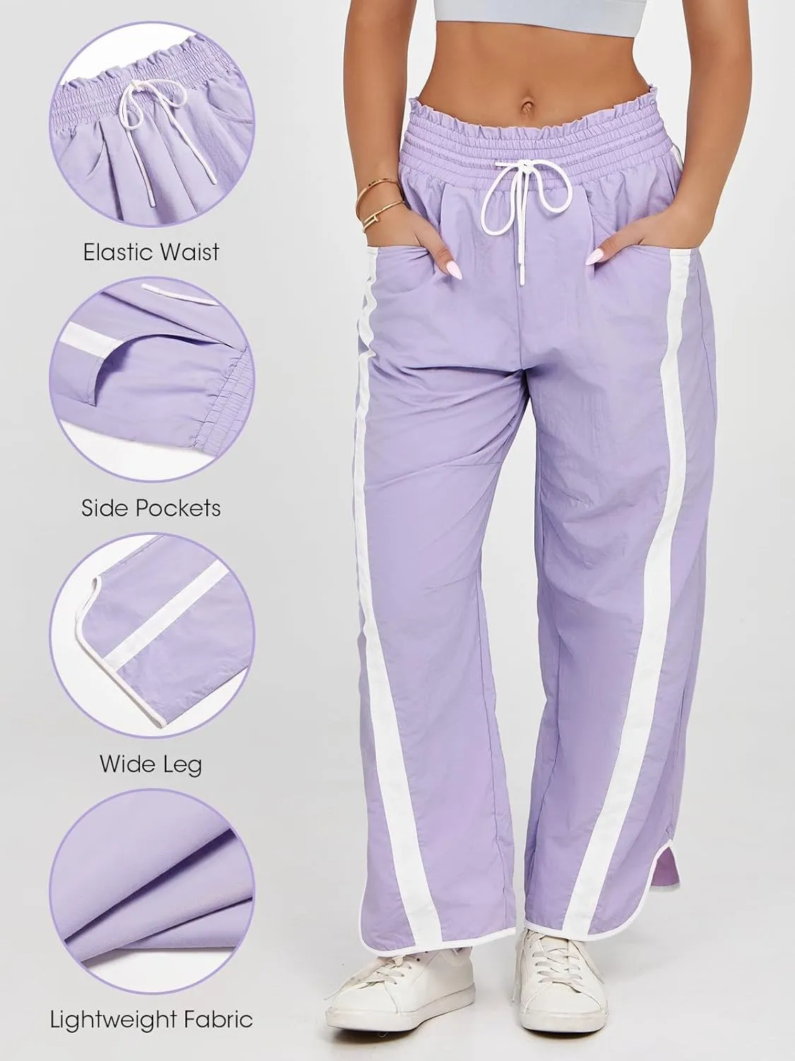 Fisoew Women's Baggy Wide Leg Pants Casual Drawstring Elastic Waisted Contrast Color Workout Y2K Track Pants
