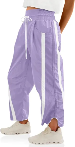 Fisoew Women's Baggy Wide Leg Pants Casual Drawstring Elastic Waisted Contrast Color Workout Y2K Track Pants