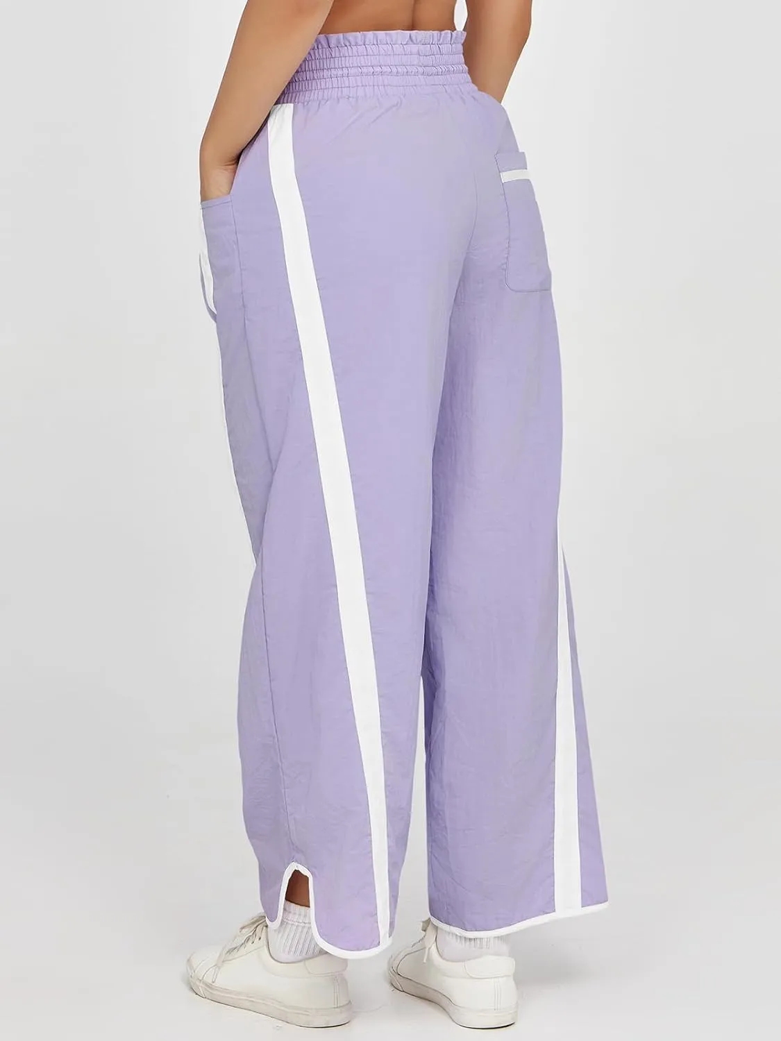 Fisoew Women's Baggy Wide Leg Pants Casual Drawstring Elastic Waisted Contrast Color Workout Y2K Track Pants