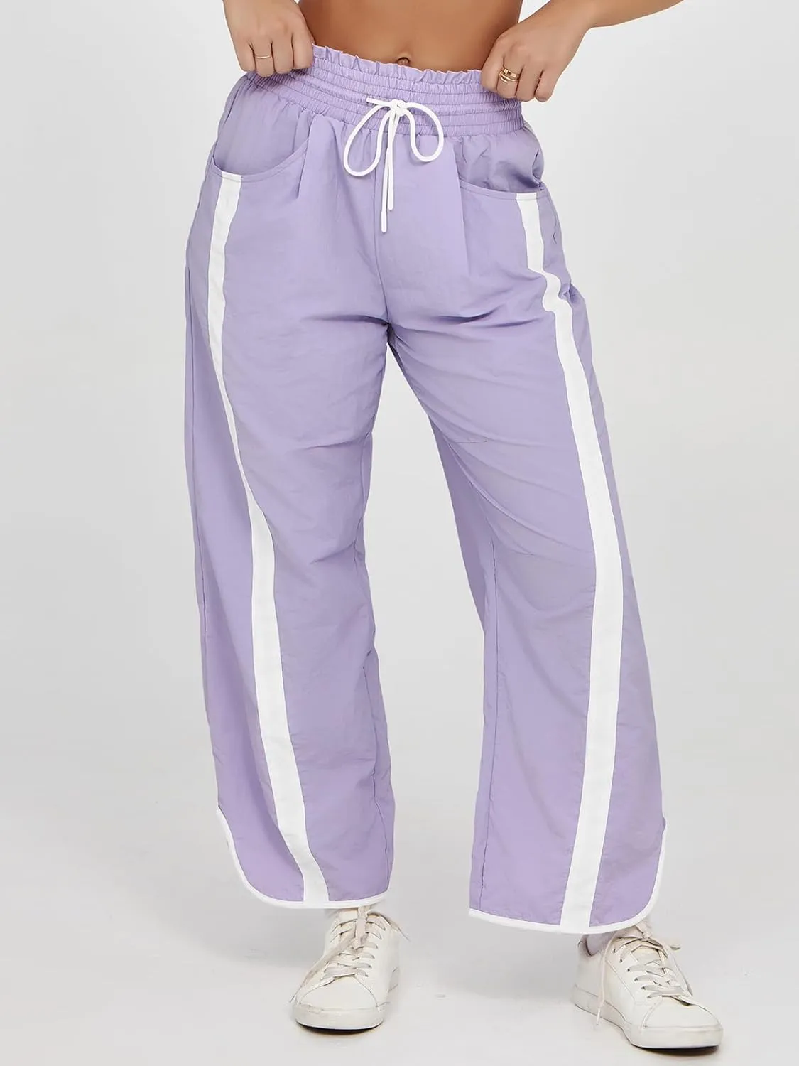Fisoew Women's Baggy Wide Leg Pants Casual Drawstring Elastic Waisted Contrast Color Workout Y2K Track Pants