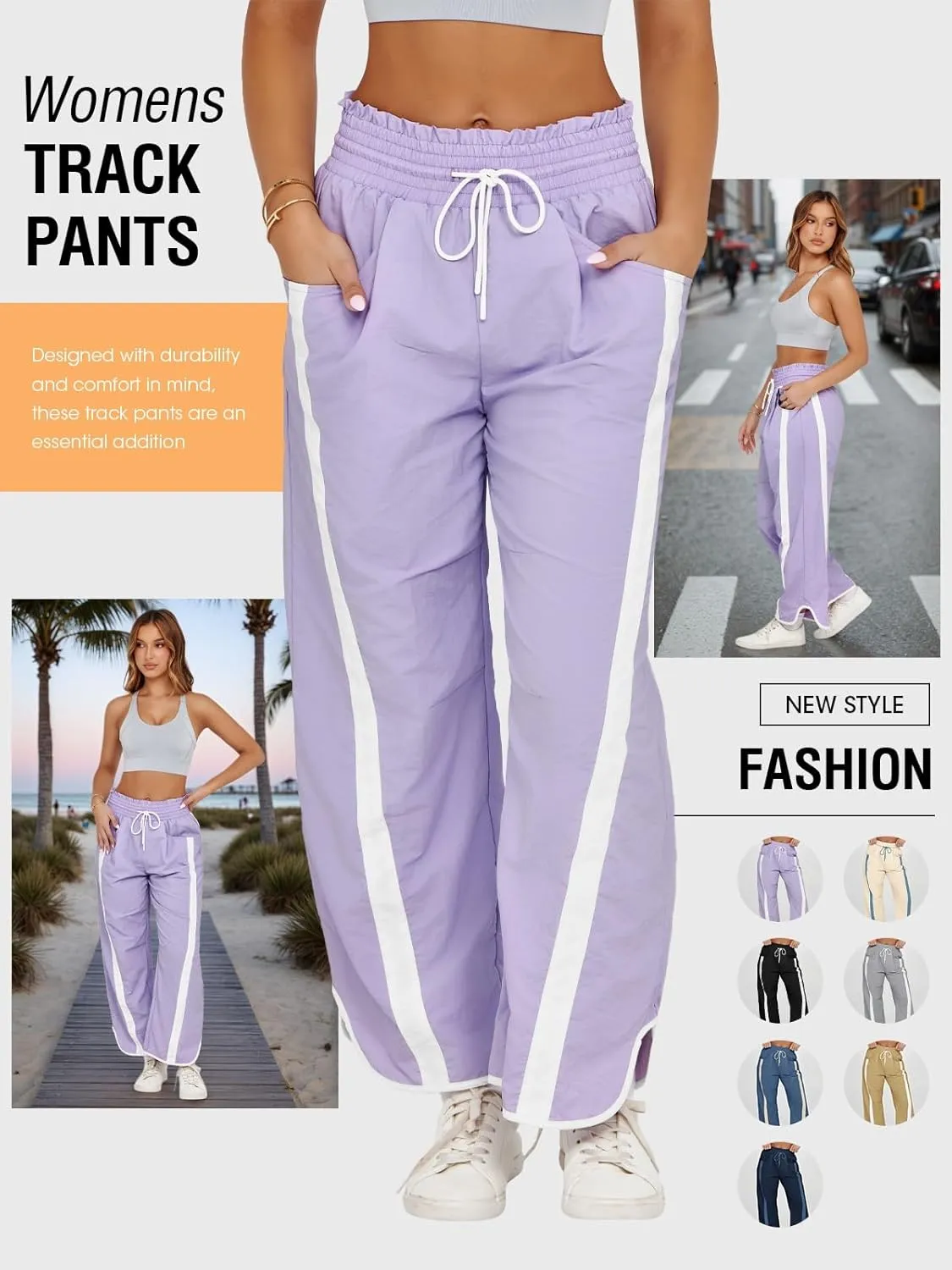 Fisoew Women's Baggy Wide Leg Pants Casual Drawstring Elastic Waisted Contrast Color Workout Y2K Track Pants