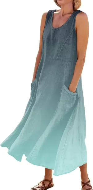 FlekmanArt Womens Summer Dresses Beach Long Dress Sleeveless Elegant Flowy Dresses Plus Size Loose Dress with Pockets