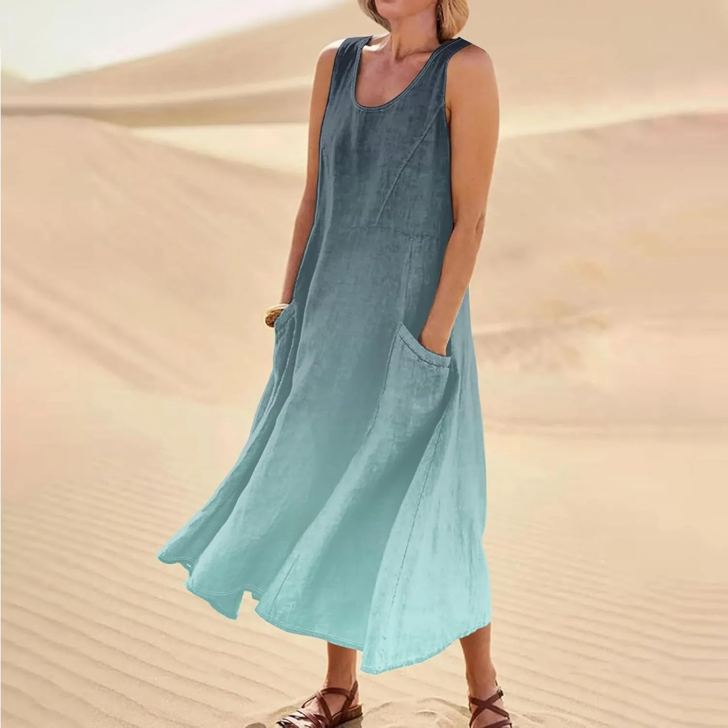 FlekmanArt Womens Summer Dresses Beach Long Dress Sleeveless Elegant Flowy Dresses Plus Size Loose Dress with Pockets