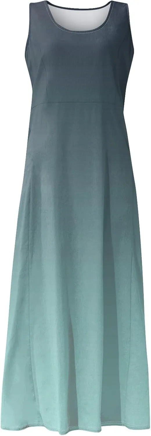 FlekmanArt Womens Summer Dresses Beach Long Dress Sleeveless Elegant Flowy Dresses Plus Size Loose Dress with Pockets