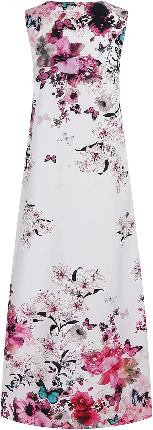 Floral Dress for Women Elegant V Neck Sleeveless Ruffle Bohemian Dresses with Pocket Summer Causal Boho Maxi Sundress