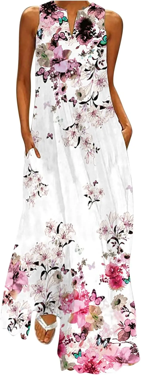 Floral Dress for Women Elegant V Neck Sleeveless Ruffle Bohemian Dresses with Pocket Summer Causal Boho Maxi Sundress