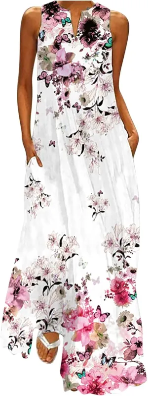 Floral Dress for Women Elegant V Neck Sleeveless Ruffle Bohemian Dresses with Pocket Summer Causal Boho Maxi Sundress