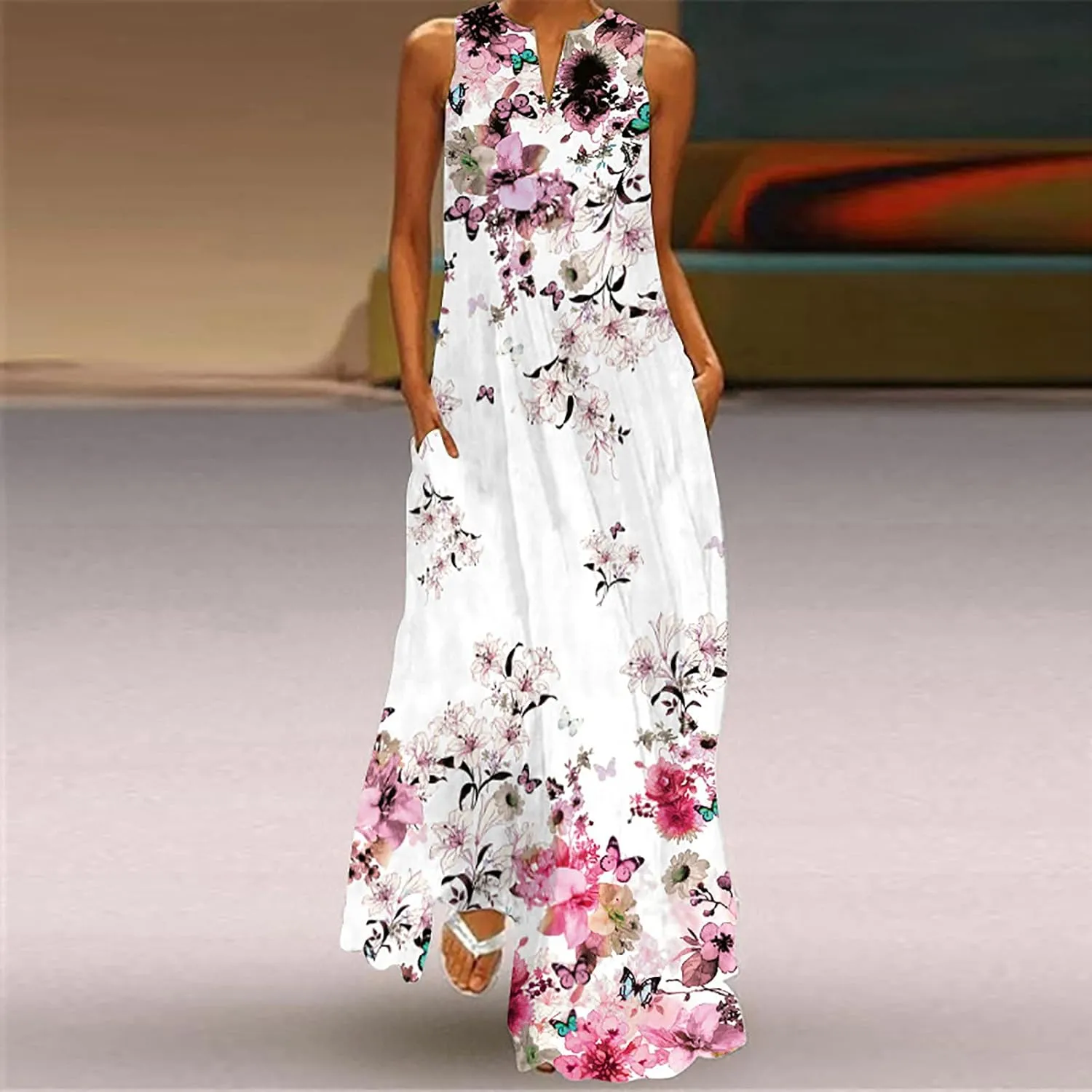 Floral Dress for Women Elegant V Neck Sleeveless Ruffle Bohemian Dresses with Pocket Summer Causal Boho Maxi Sundress