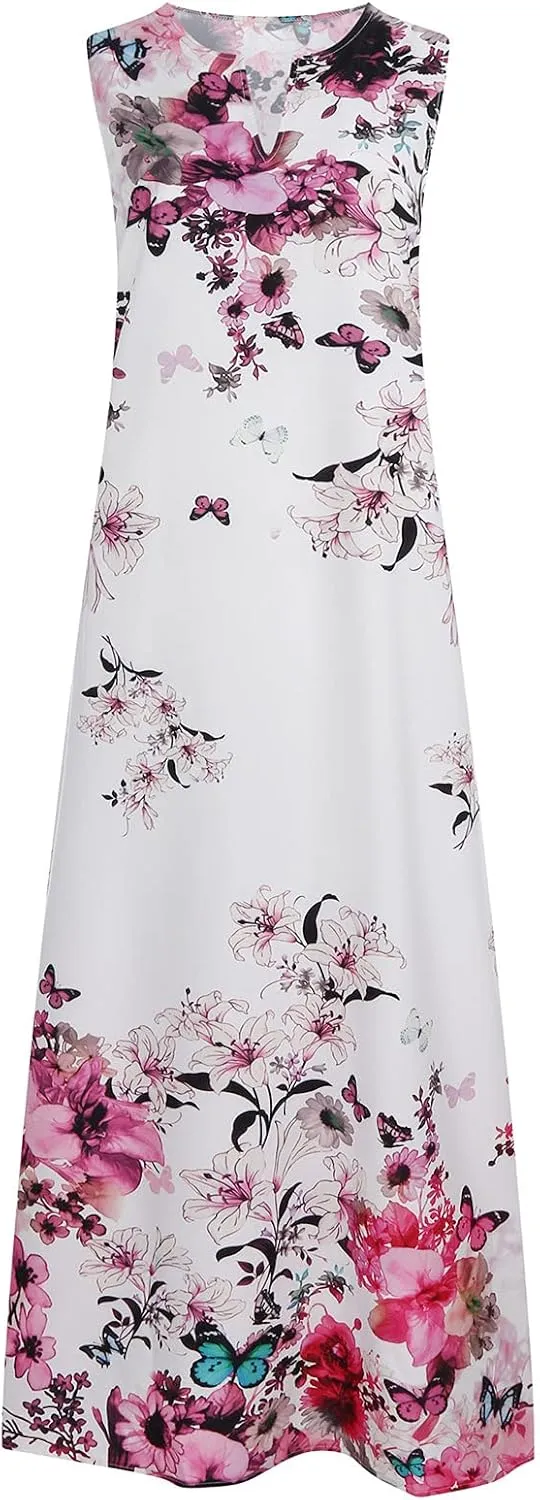 Floral Dress for Women Elegant V Neck Sleeveless Ruffle Bohemian Dresses with Pocket Summer Causal Boho Maxi Sundress