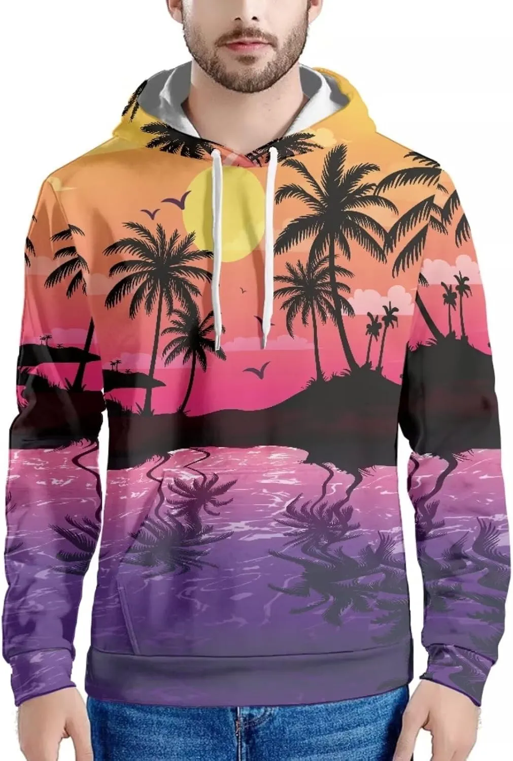 Forchrinse Green Palm Tree Sea Beach Mens Hoodies Pullover Long Sleeve Fleece Hoodie Cozy Sport Casual Outwear