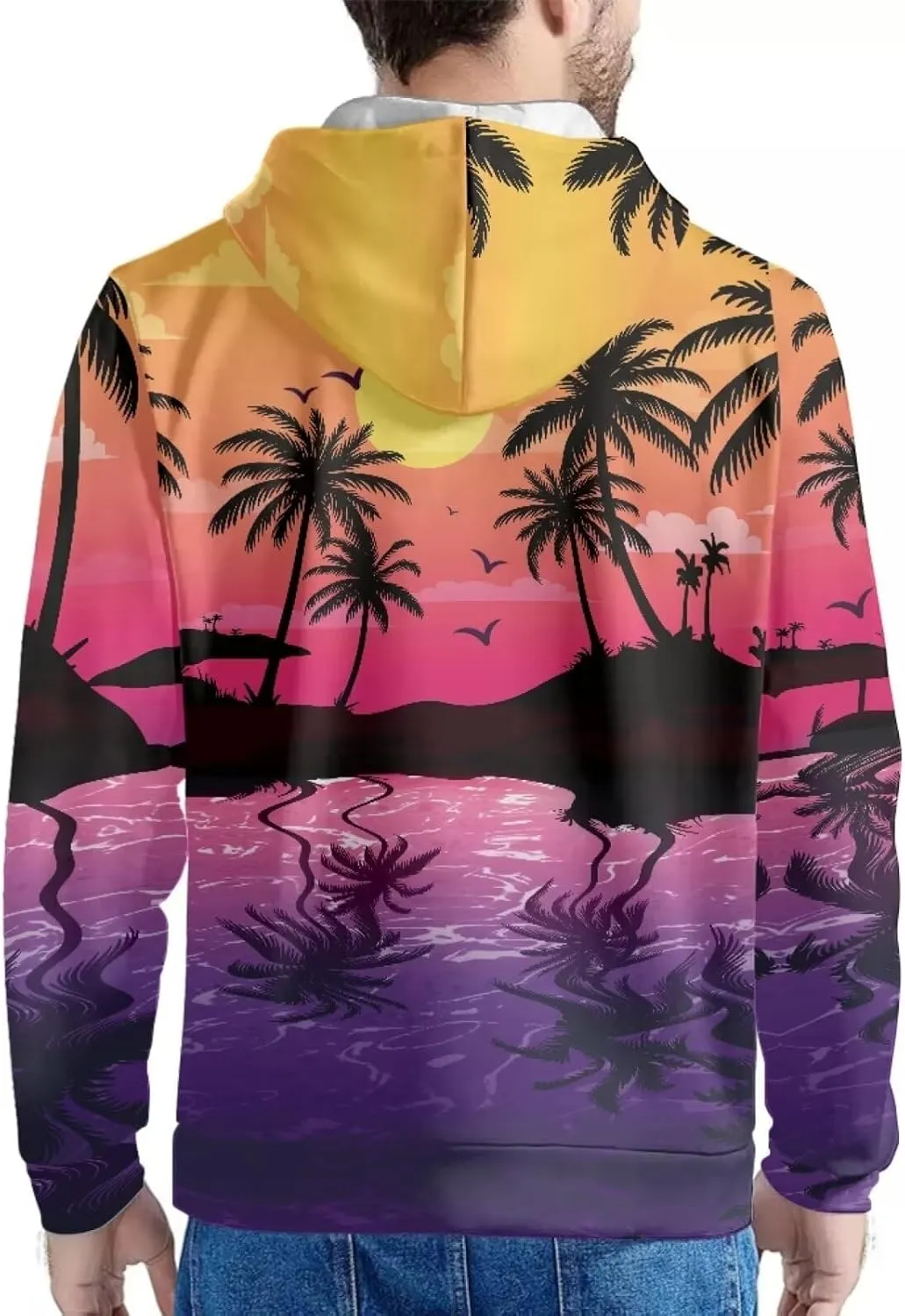 Forchrinse Green Palm Tree Sea Beach Mens Hoodies Pullover Long Sleeve Fleece Hoodie Cozy Sport Casual Outwear