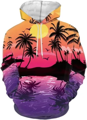 Forchrinse Green Palm Tree Sea Beach Mens Hoodies Pullover Long Sleeve Fleece Hoodie Cozy Sport Casual Outwear