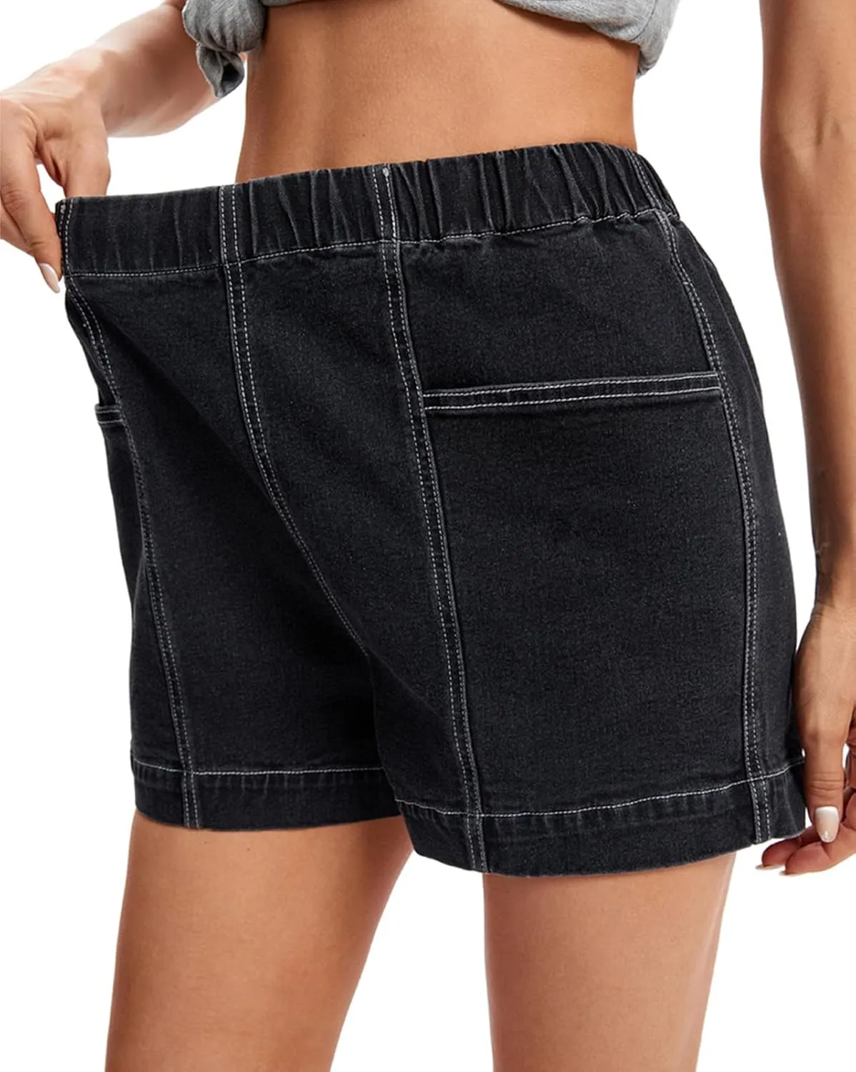 Fuinloth Women's Denim Shorts, Elastic Wasit Mid Rise Loose Fit with 2 Front Pockets, Stretchy Jeans Short Pants