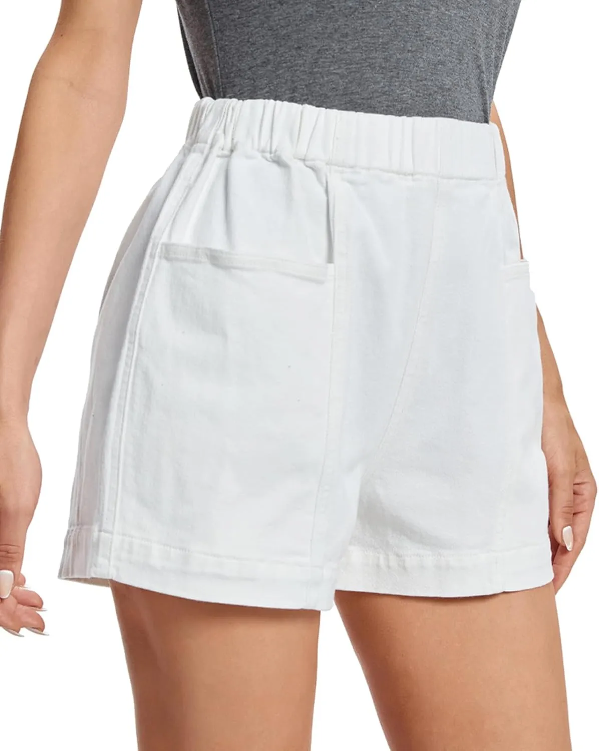 Fuinloth Women's Denim Shorts, Elastic Wasit Mid Rise Loose Fit with 2 Front Pockets, Stretchy Jeans Short Pants