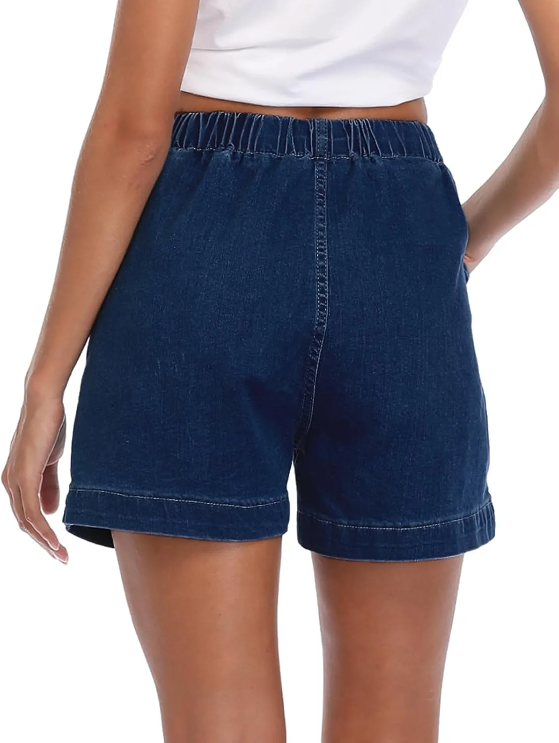 Fuinloth Women's Denim Shorts, Elastic Wasit Mid Rise Loose Fit with 2 Front Pockets, Stretchy Jeans Short Pants