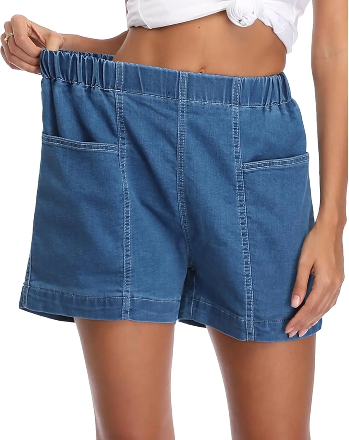 Fuinloth Women's Denim Shorts, Elastic Wasit Mid Rise Loose Fit with 2 Front Pockets, Stretchy Jeans Short Pants