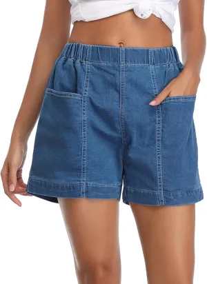 Fuinloth Women's Denim Shorts, Elastic Wasit Mid Rise Loose Fit with 2 Front Pockets, Stretchy Jeans Short Pants