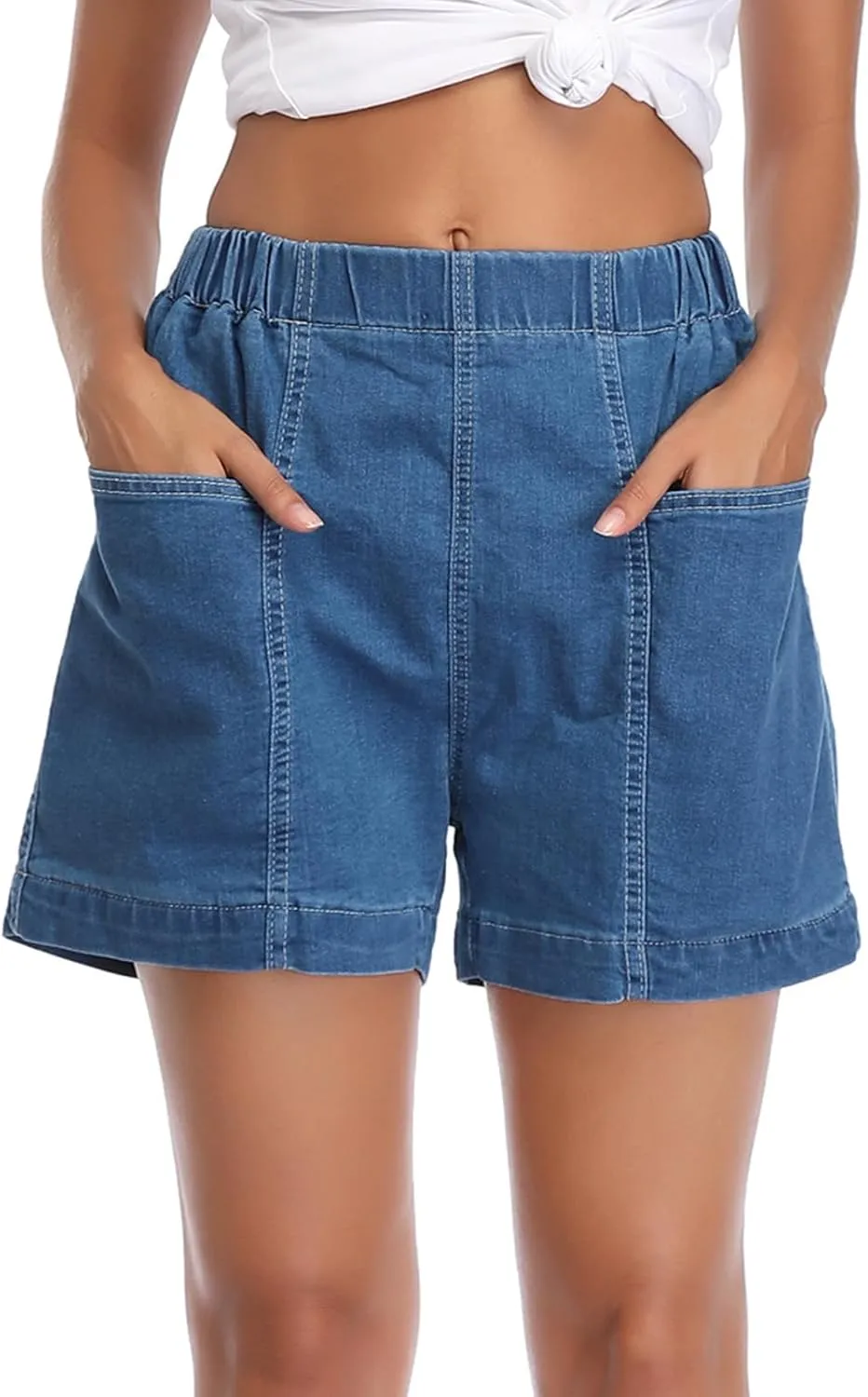 Fuinloth Women's Denim Shorts, Elastic Wasit Mid Rise Loose Fit with 2 Front Pockets, Stretchy Jeans Short Pants