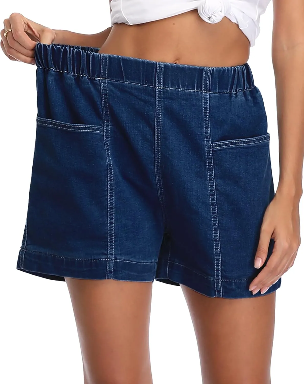 Fuinloth Women's Denim Shorts, Elastic Wasit Mid Rise Loose Fit with 2 Front Pockets, Stretchy Jeans Short Pants