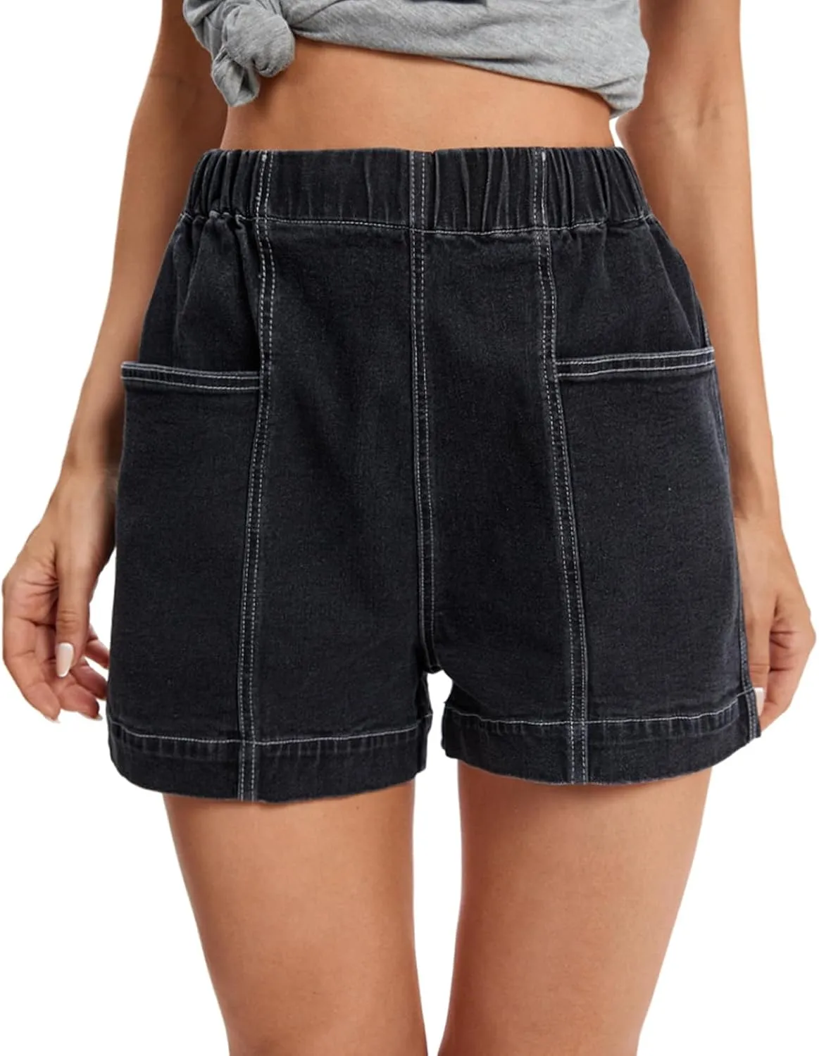 Fuinloth Women's Denim Shorts, Elastic Wasit Mid Rise Loose Fit with 2 Front Pockets, Stretchy Jeans Short Pants