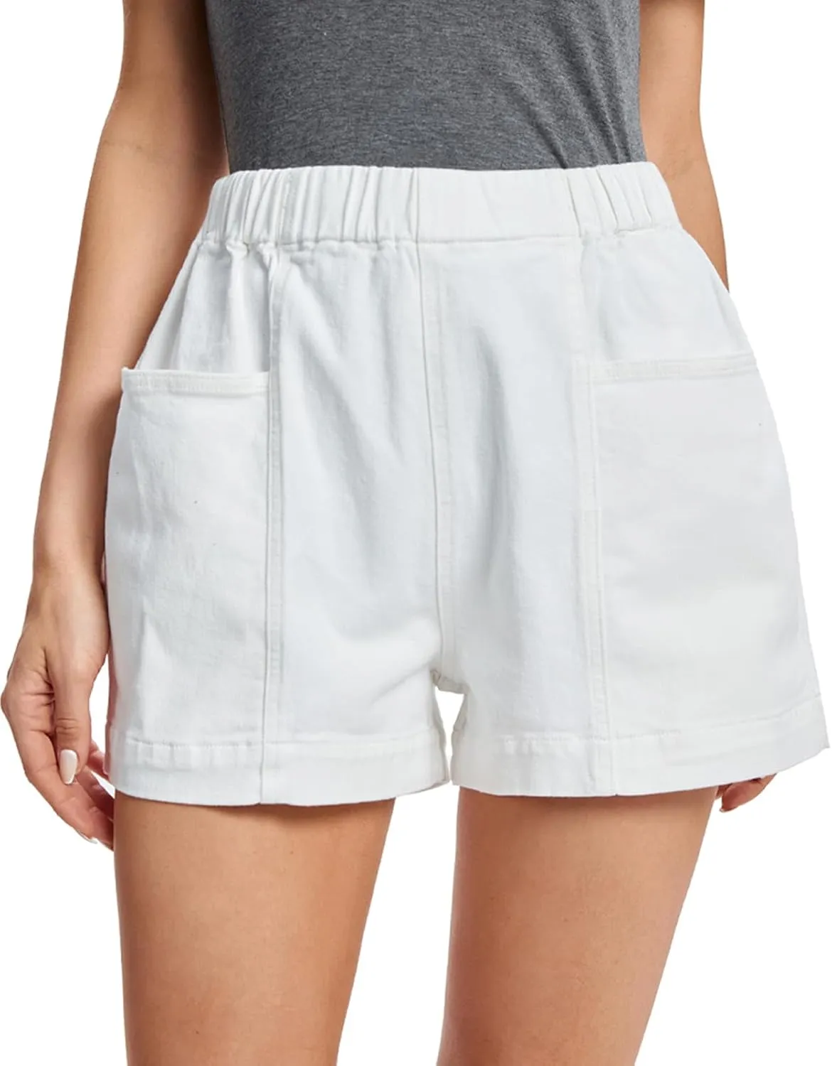 Fuinloth Women's Denim Shorts, Elastic Wasit Mid Rise Loose Fit with 2 Front Pockets, Stretchy Jeans Short Pants