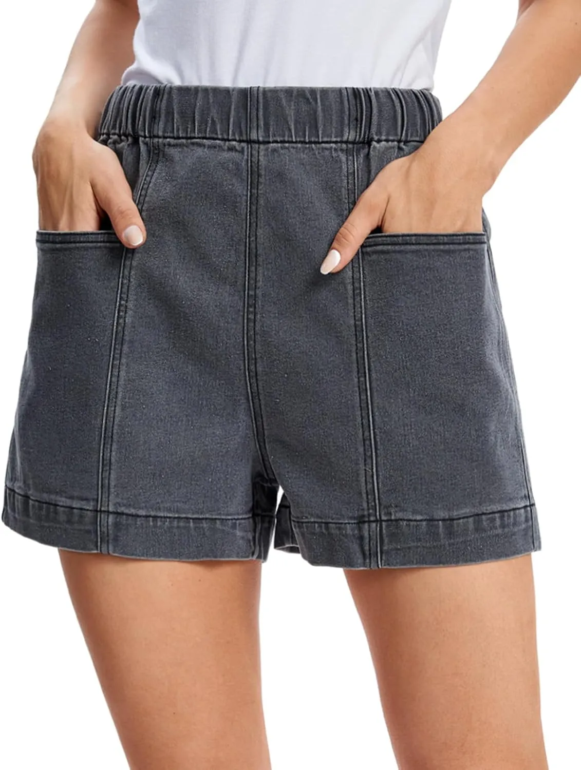Fuinloth Women's Denim Shorts, Elastic Wasit Mid Rise Loose Fit with 2 Front Pockets, Stretchy Jeans Short Pants