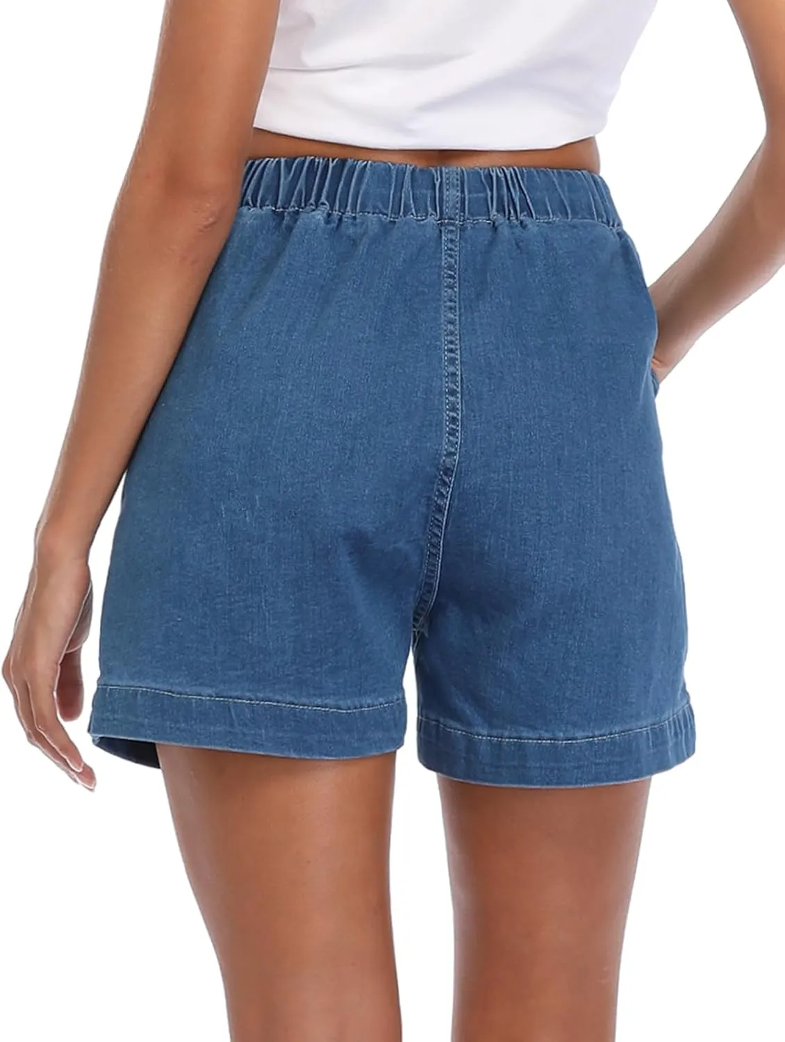 Fuinloth Women's Denim Shorts, Elastic Wasit Mid Rise Loose Fit with 2 Front Pockets, Stretchy Jeans Short Pants