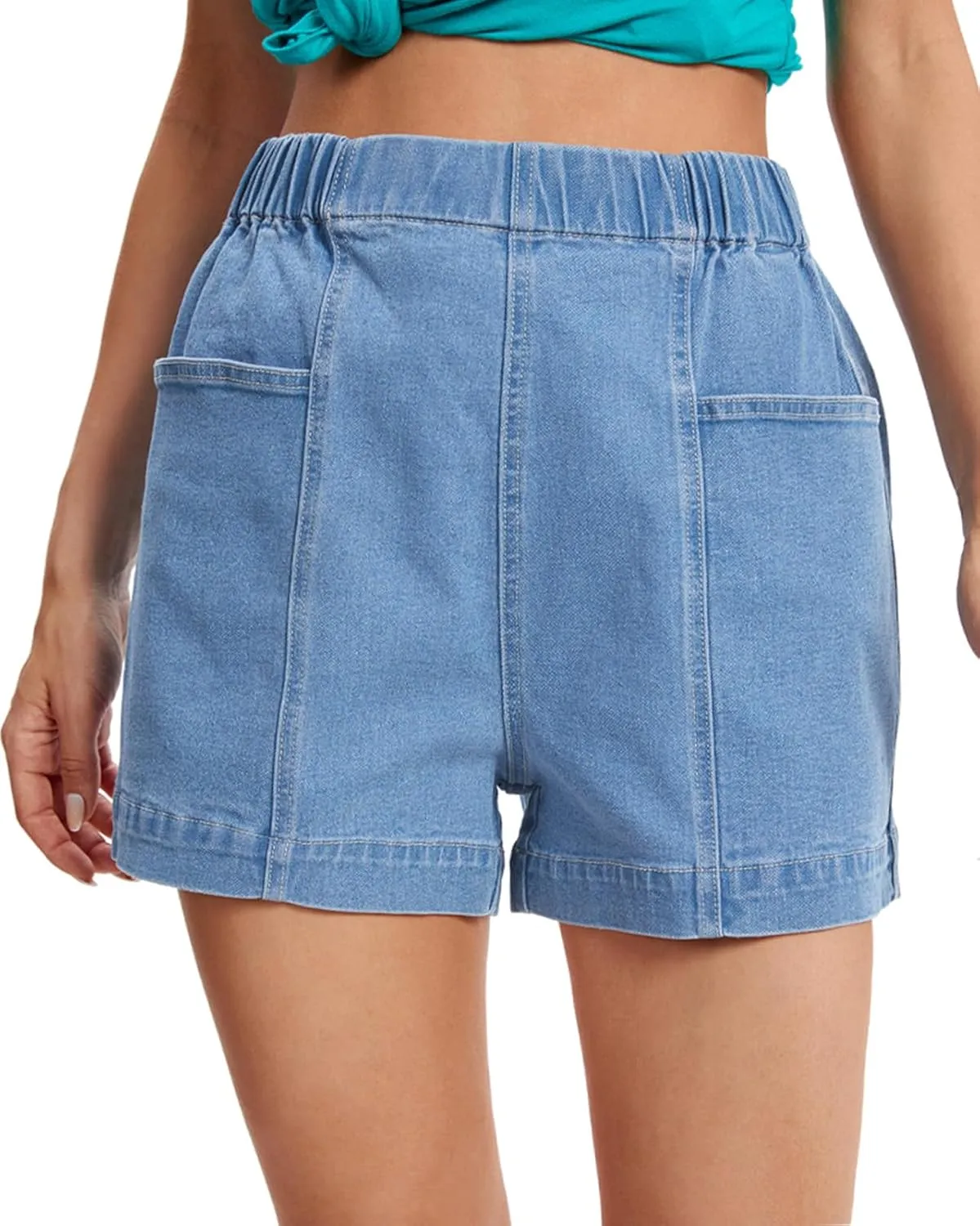 Fuinloth Women's Denim Shorts, Elastic Wasit Mid Rise Loose Fit with 2 Front Pockets, Stretchy Jeans Short Pants