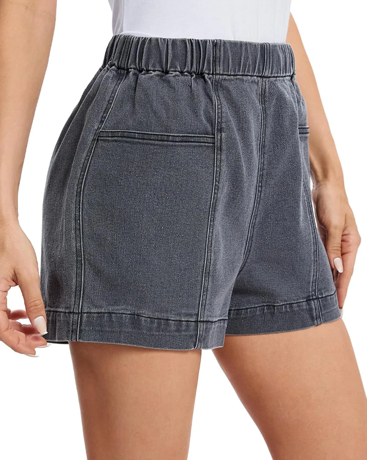 Fuinloth Women's Denim Shorts, Elastic Wasit Mid Rise Loose Fit with 2 Front Pockets, Stretchy Jeans Short Pants