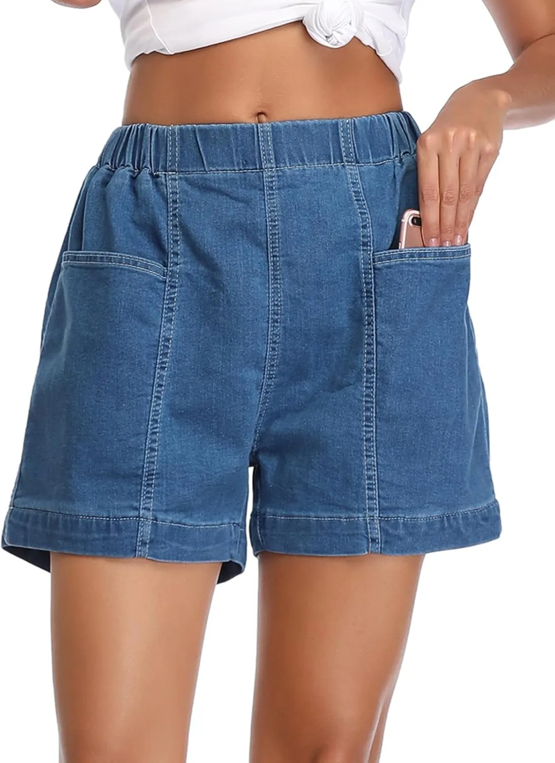 Fuinloth Women's Denim Shorts, Elastic Wasit Mid Rise Loose Fit with 2 Front Pockets, Stretchy Jeans Short Pants