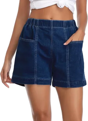 Fuinloth Women's Denim Shorts, Elastic Wasit Mid Rise Loose Fit with 2 Front Pockets, Stretchy Jeans Short Pants