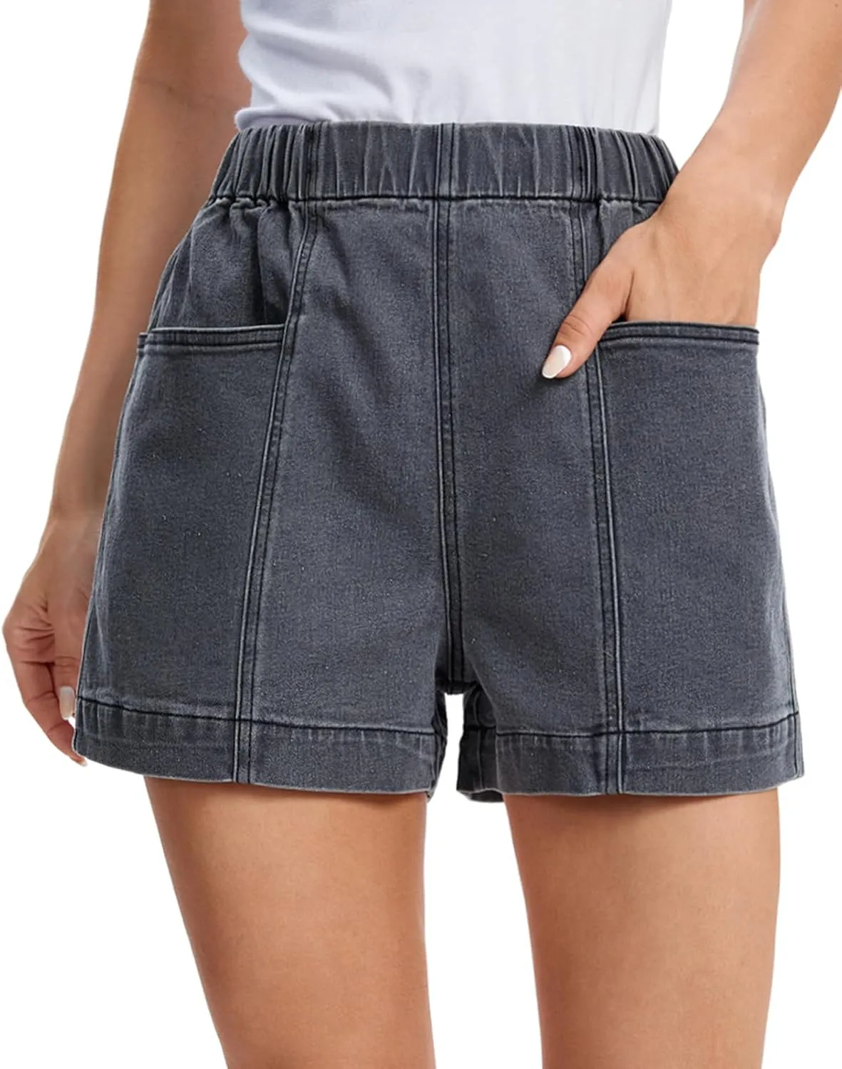 Fuinloth Women's Denim Shorts, Elastic Wasit Mid Rise Loose Fit with 2 Front Pockets, Stretchy Jeans Short Pants