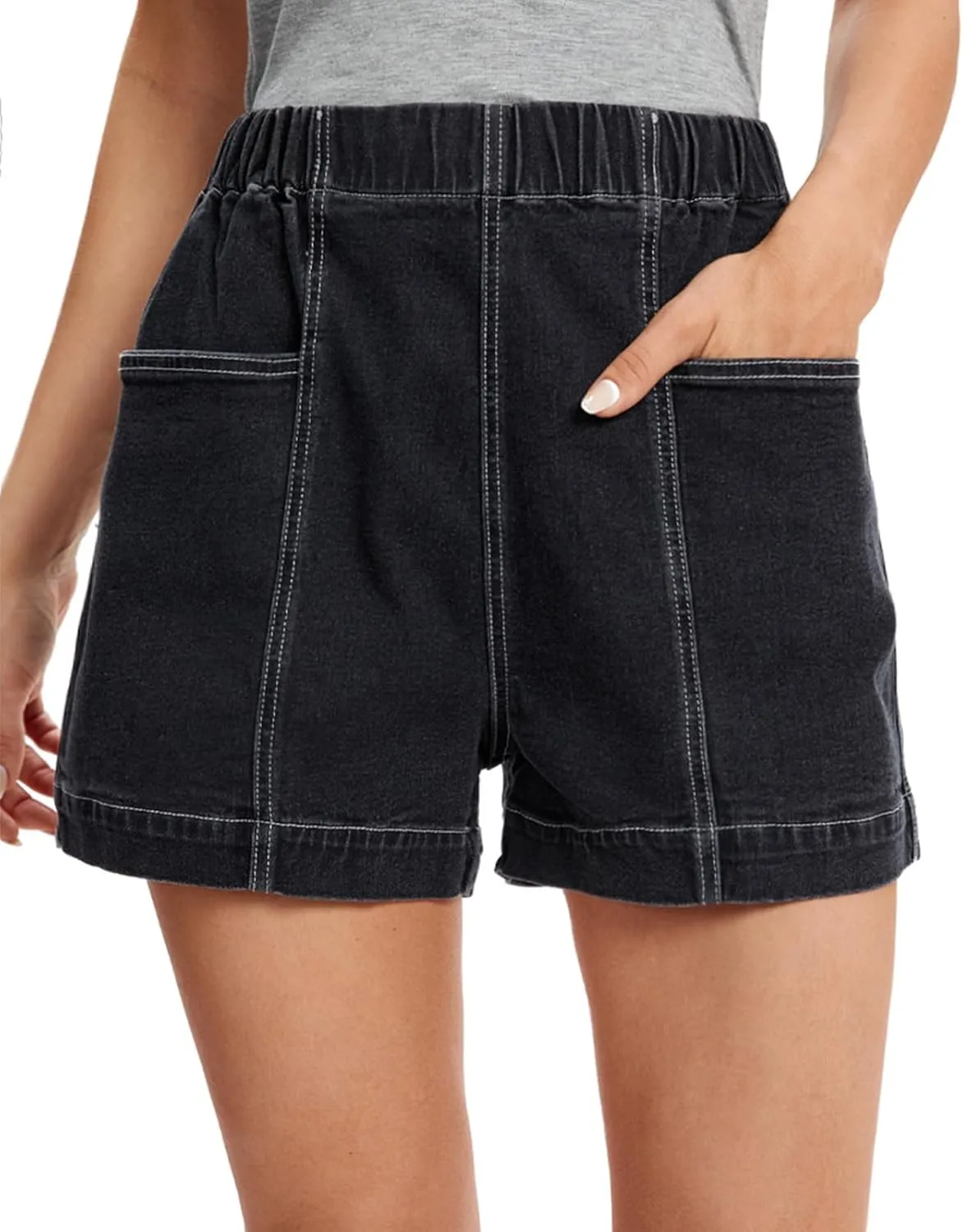Fuinloth Women's Denim Shorts, Elastic Wasit Mid Rise Loose Fit with 2 Front Pockets, Stretchy Jeans Short Pants