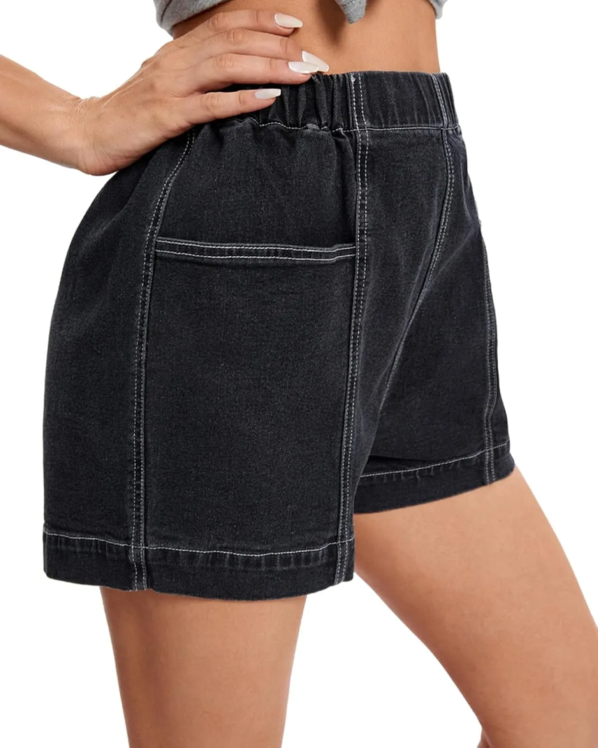 Fuinloth Women's Denim Shorts, Elastic Wasit Mid Rise Loose Fit with 2 Front Pockets, Stretchy Jeans Short Pants