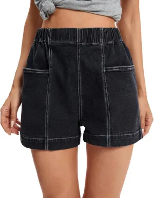 Fuinloth Women's Denim Shorts, Elastic Wasit Mid Rise Loose Fit with 2 Front Pockets, Stretchy Jeans Short Pants