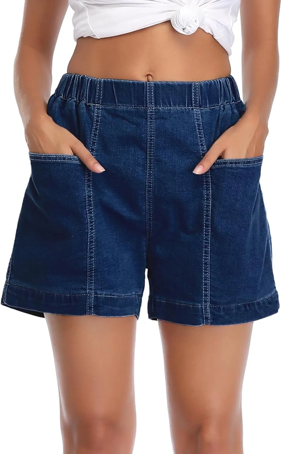 Fuinloth Women's Denim Shorts, Elastic Wasit Mid Rise Loose Fit with 2 Front Pockets, Stretchy Jeans Short Pants