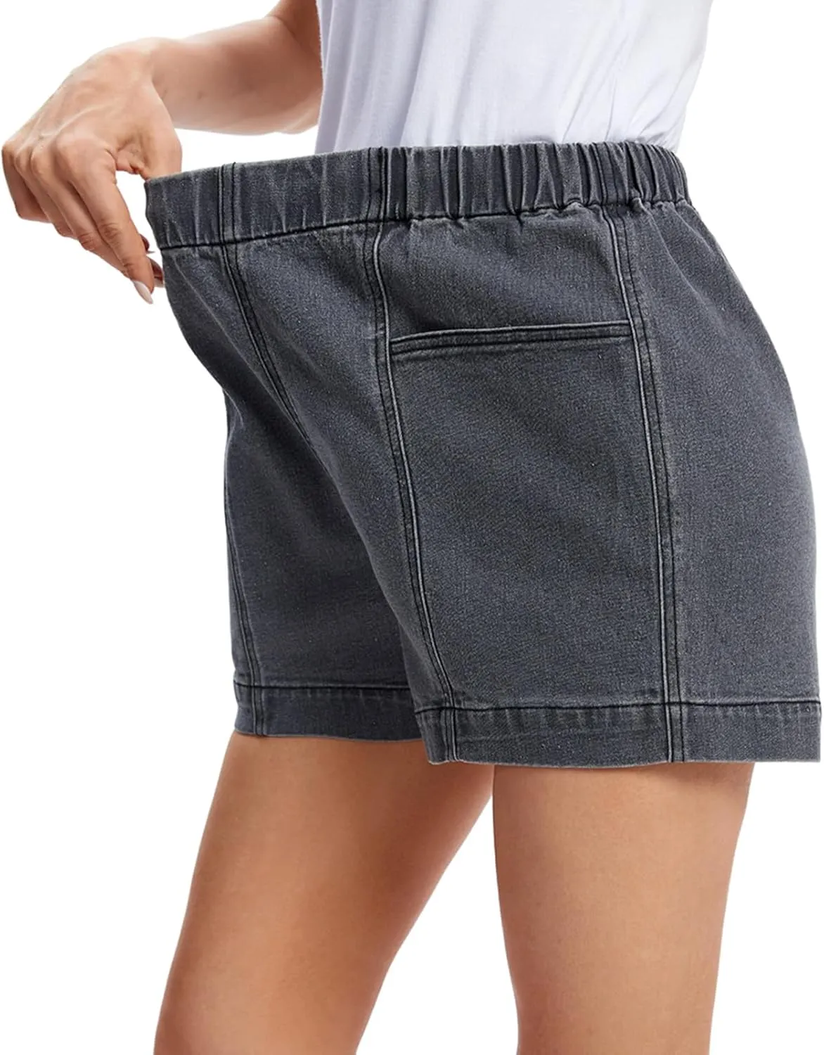Fuinloth Women's Denim Shorts, Elastic Wasit Mid Rise Loose Fit with 2 Front Pockets, Stretchy Jeans Short Pants