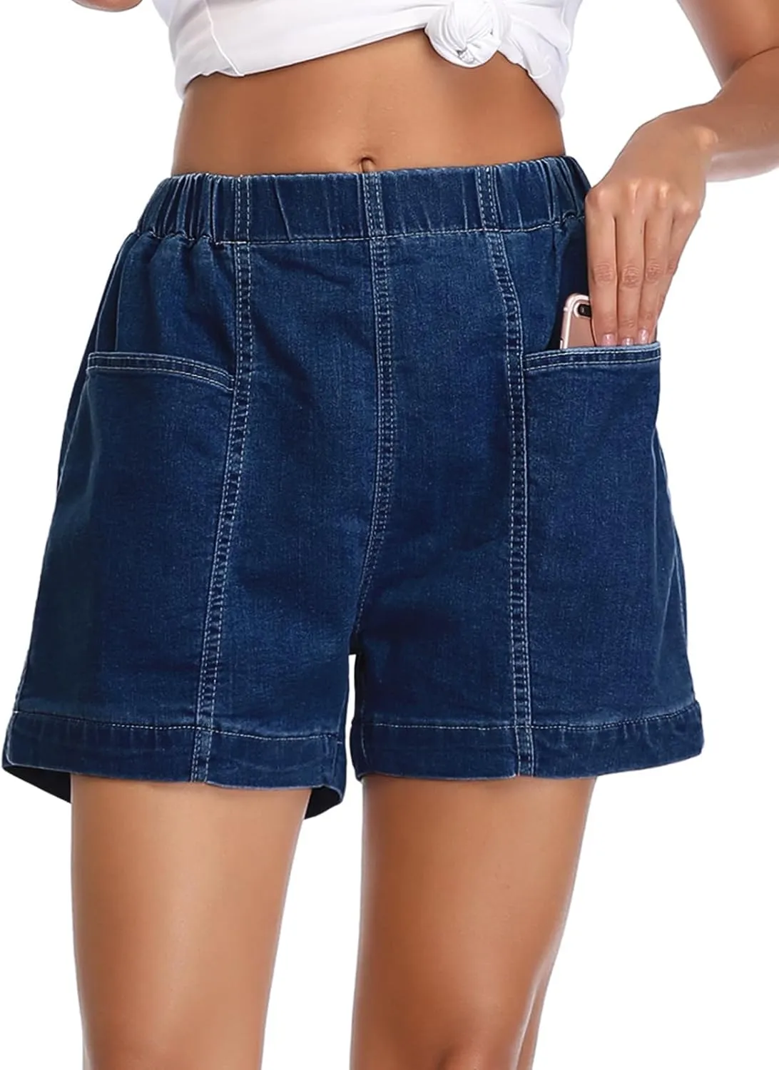 Fuinloth Women's Denim Shorts, Elastic Wasit Mid Rise Loose Fit with 2 Front Pockets, Stretchy Jeans Short Pants