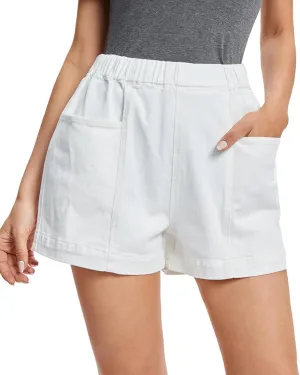 Fuinloth Women's Denim Shorts, Elastic Wasit Mid Rise Loose Fit with 2 Front Pockets, Stretchy Jeans Short Pants