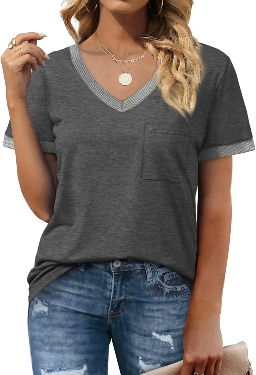Geifa Womens T Shirts Short Sleeve V Neck Loose Casual Summer Tops with Pocket