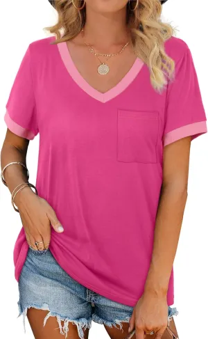 Geifa Womens T Shirts Short Sleeve V Neck Loose Casual Summer Tops with Pocket