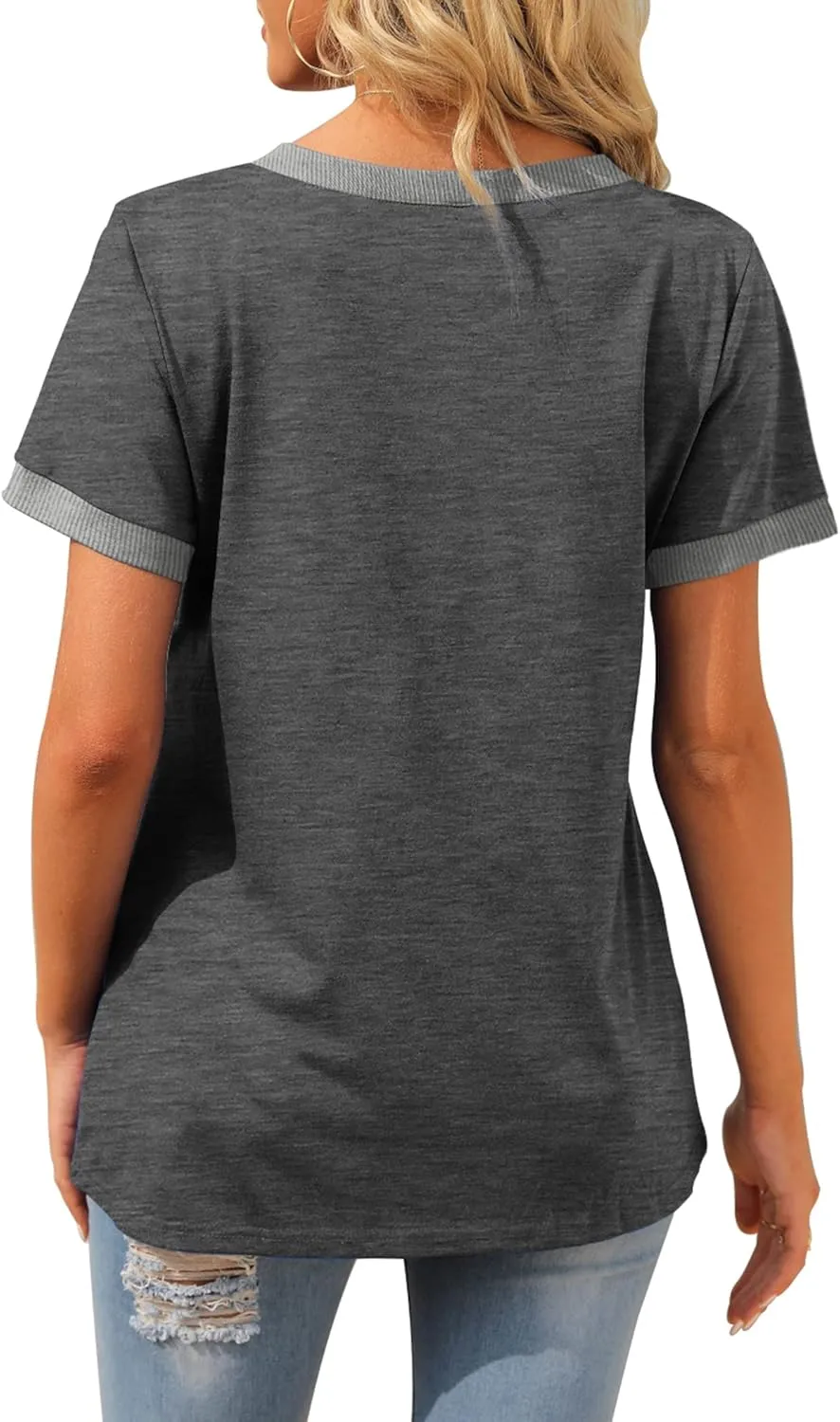 Geifa Womens T Shirts Short Sleeve V Neck Loose Casual Summer Tops with Pocket