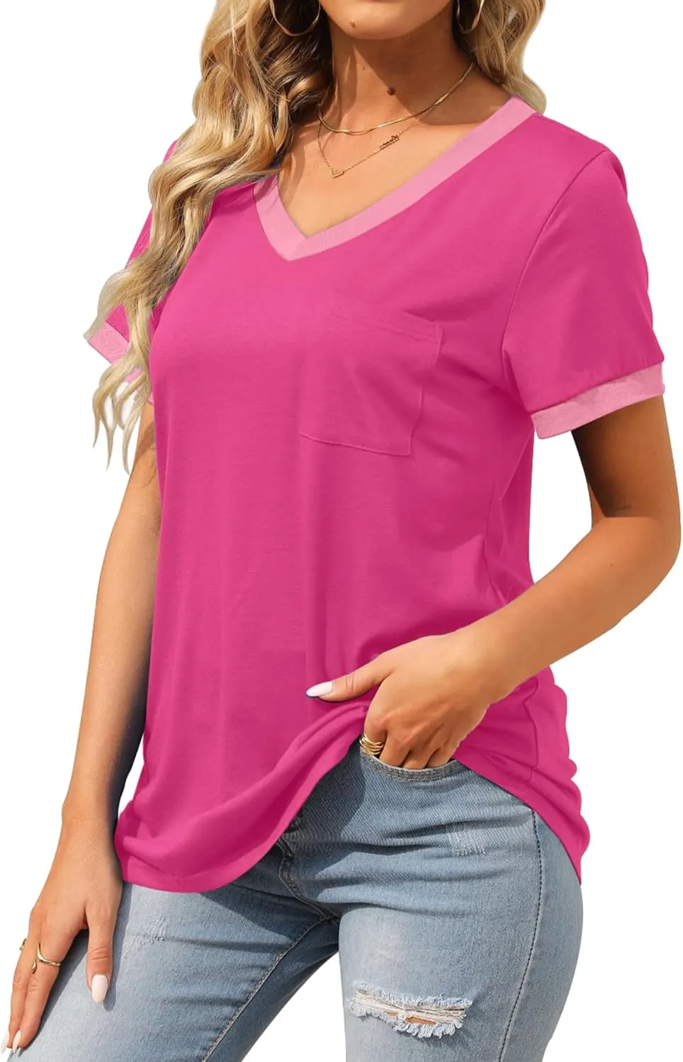 Geifa Womens T Shirts Short Sleeve V Neck Loose Casual Summer Tops with Pocket