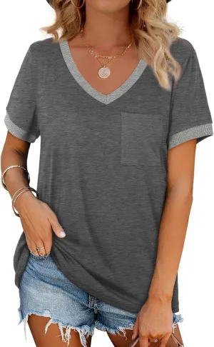 Geifa Womens T Shirts Short Sleeve V Neck Loose Casual Summer Tops with Pocket