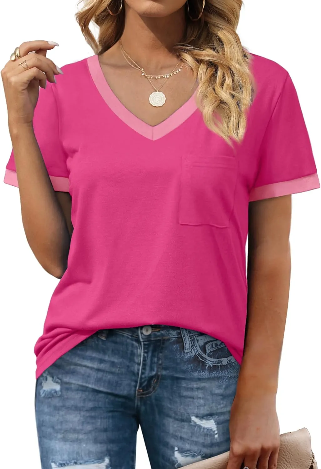 Geifa Womens T Shirts Short Sleeve V Neck Loose Casual Summer Tops with Pocket