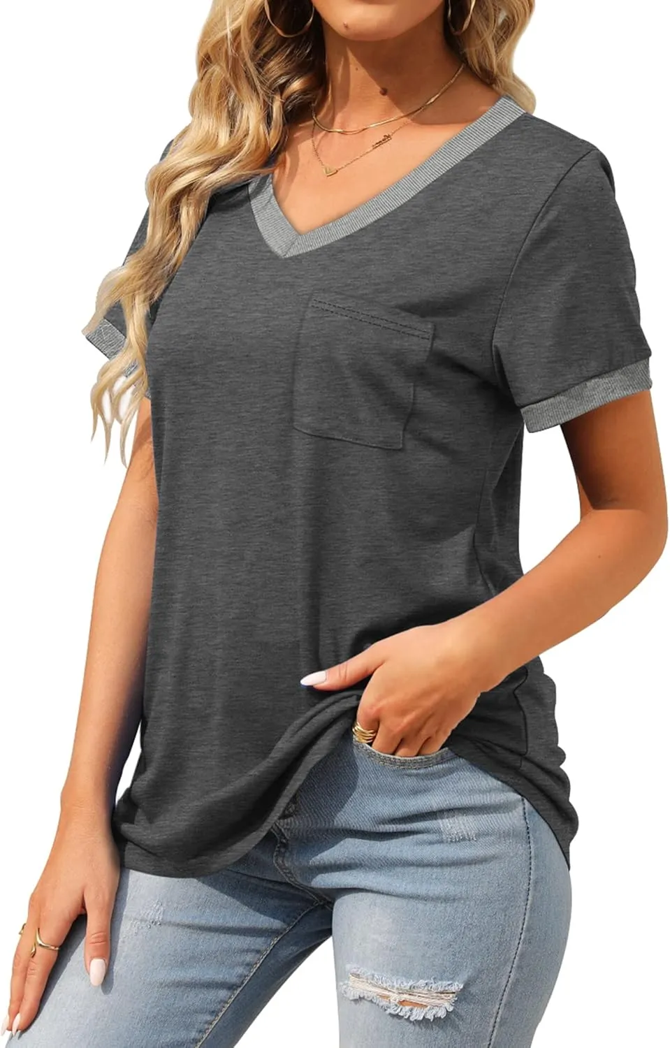 Geifa Womens T Shirts Short Sleeve V Neck Loose Casual Summer Tops with Pocket