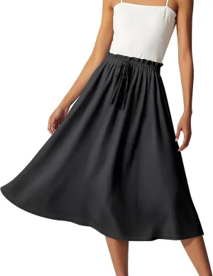 GOFULY Midi Skirts for Women Boho Summer Floral Print A Line Knee Skirt Drawstring Elastic High Waist Pleated Skirt